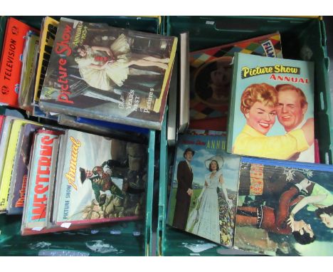 Two boxes of vintage annuals to include: a Picture Show annual 1933, '34, '36, '49 etc., 'The Western Film & TV annual' vario