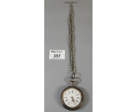 Continental silver open face pocket watch with enamel face and Roman numerals and chased decoration to the reverse. Together 