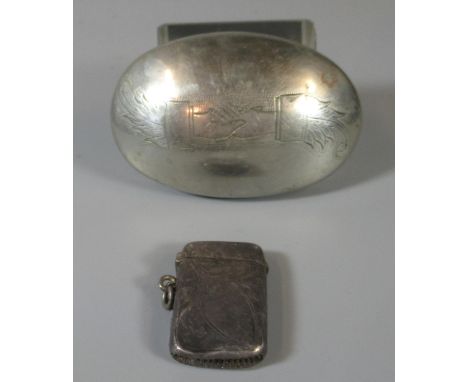 Silver plated snuff box with chased and engraved detail marked G.J Lewis Ammanford, together with a small silver vesta case. 