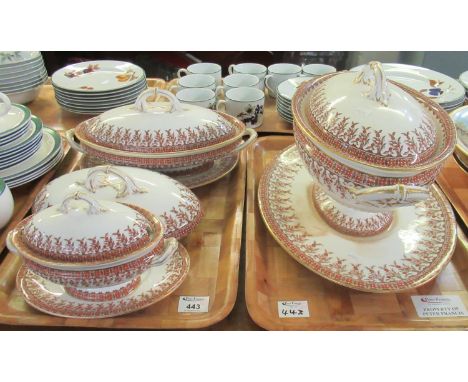 Two trays of 19th Century Royal Worcester dinnerware to include; three lidded tureens of various sizes on stands and an extra