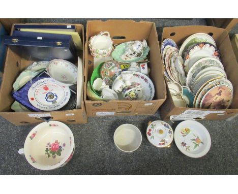 Three boxes of assorted china to include; various collectors plates, a 'Salem' plate by A&M Griffiths, commemorative plates, 