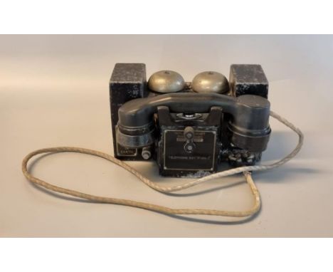 Vintage military style metal field telephone marked 'Telephone Set MK1, The Plessey Co Ltd, Vicarage Lane, Ilford' (B.P. 21% 