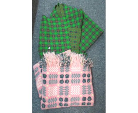 Two woollen vintage tapestry blankets; one a pink ground Welsh tapestry in traditional 'Caernarfon' design with 'Derw product