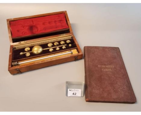 A Sikes Hydrometer in original mahogany box appearing complete, together with a book of Sikes hydrometer tables. (2)(B.P. 21%