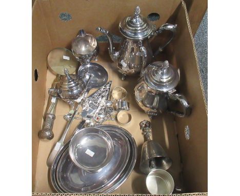 Box of metalware to include; Viners Sheffield silver plated four piece coffee and teaset, goblet, bell with swan finial, Walk