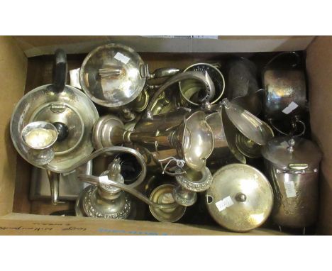 Box of assorted metalware, mostly silver plate to include; candelabrum, teapot, coffee pot, pepper shaker, tray, milk jug, su