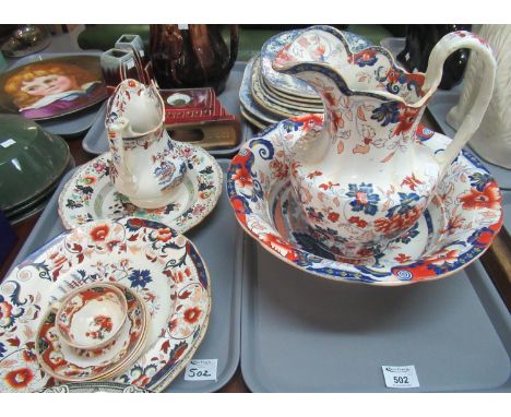 Two trays of 19th Century Welsh pottery to include: an 'Amherst Japan' jug and basin, (jug is repaired) a smaller 'Amherst Ja