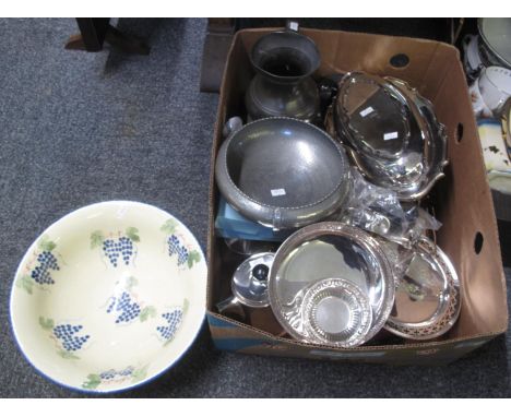 Box of mostly metalware to include; a studio design Poole hand painted spongeware centre bowl with grape design, a beaten pew