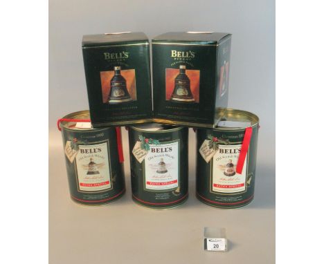 Five Bell's Old Scotch whisky Wade porcelain Christmas decanters dated; 1989, 1990, 1991, 1992 and 1993. All in original boxe