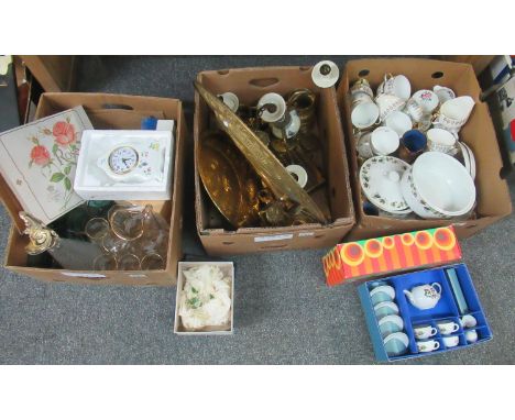 Three boxes of various items to include; foliate and floral design glass lemonade set, blue glass and gilt banded glasses, mo