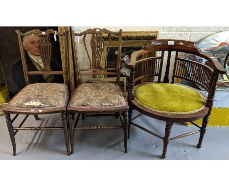 Edwardian mahogany smokers bow type stick backed elbow chair with oval padded seat on turned legs, together with two similar 