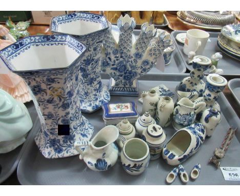 Tray of blue and white china ornaments to include: pair of six sided, blue and white, florally decorated vases, blue and whit