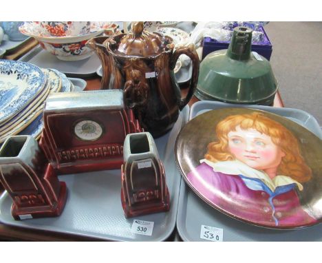 Belgian blue, burgandy and gilt clock garniture, together with a very large brown glazed, possibly Continental, lidded jug de