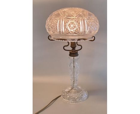 Mid century cut lead crystal mushroom shaped table lamp and shade. 48cm high approx.(B.P. 21 + VAT) 