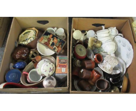 Two boxes of assorted items mostly china to include; Royal Standard 'Giselle' design part coffee set, a cottage ornament, Roy