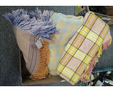 Three vintage woollen blankets; two check design, one orange and purple striped. (3)(B.P. 21% + VAT) 