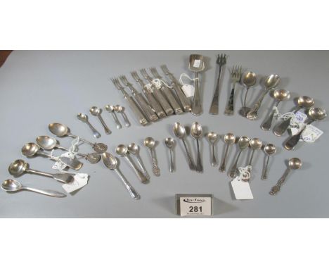 Bag of assorted silver and silver plate flatware to include; forks, marrow scoop, various spoons some with golf terminals etc