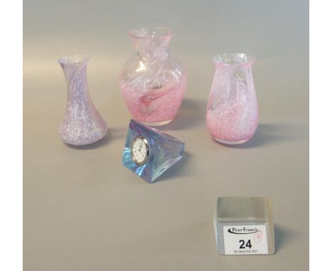 Three Caithness art glass vases, together with a Caithness miniature quartz clock. (4) (B.P. 21% + VAT)