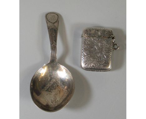 Small silver chased vesta case with Birmingham hallmarks and initials R.P, together with an 18th Century silver caddy spoon b