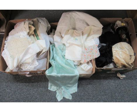 Three boxes containing vintage fashion and textiles to include; vintage collars in fur, velvet etc, a selection of vintage ha
