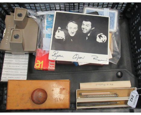 Box of oddments to include propelling pencils, playing cards, vintage Viewmaster, signed photographs, etc.(B.P. 21% + VAT) 