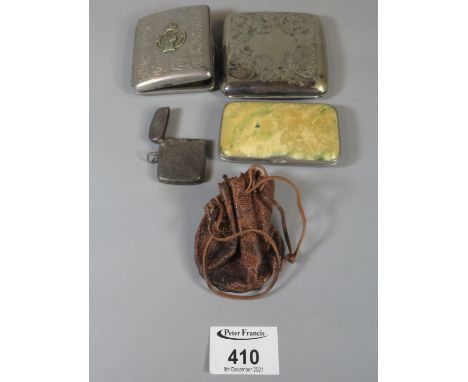 Two silver plated cigarette cases, one marked with badge RAC, together with a silver vesta case etc. (B.P. 21% + VAT)