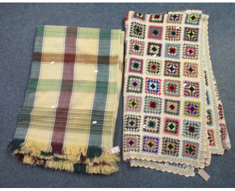 Two vintage woollen blankets; one multi-colour crochet and the other check design yellow ground carthen. (2)(B.P. 21% + VAT) 