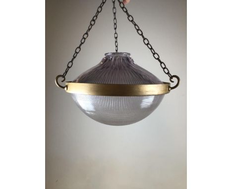 A Holophane ceiling lamp with brass fixings. Upper shade marked Holophane 8212 No 20222. Lower shade marked Holophane 6152 Bl