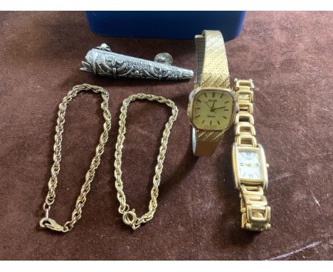 A ladies gold plated Rotary watch with box also with a ladies Avia cocktail watch, two gold plated bracelets and a pewter bro