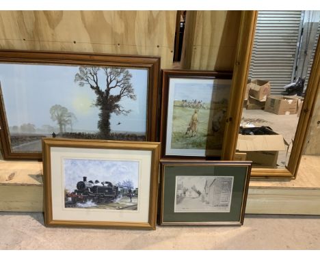 Sporting, landscape prints a railway watercolour also with a pencil print and a pine wall mirror. 