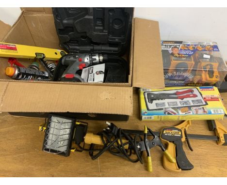 A selection of tools, drill sharpener, rivet gun, screwdriver etc. 