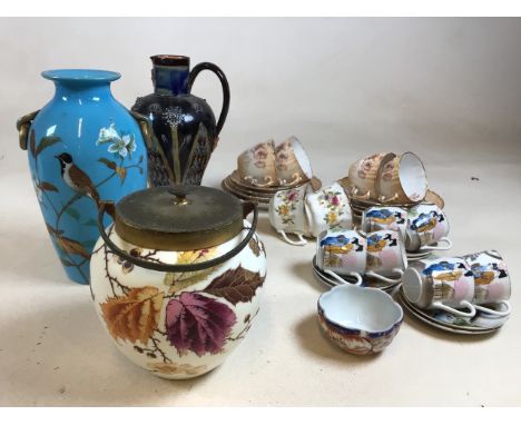 A Doulton Lambeth stoneware vase A/F damage to top, a Wedgwood biscuit barrel, a hand painted Victorian glass vase and Japane