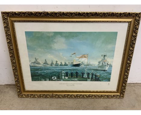 A large framed coloured print of the Spithead Fleet Review in gilt frame. W:96cm x H:74cm