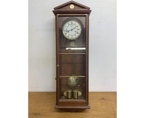 A Large inlaid wall clock hand built in the old stable at Chipping Sodbury. With weights and pendulums. W:33cm x D:21cm x H:1