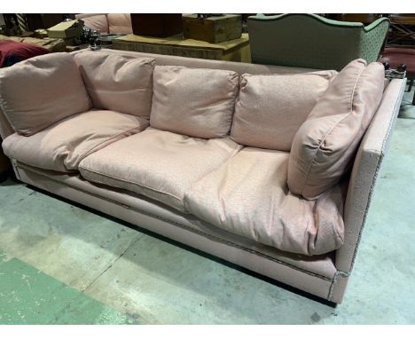 A Knowle style double drop end three seater sofa with feather filled cushions. (a.f) W:219cm x D:95cm x H:83cm