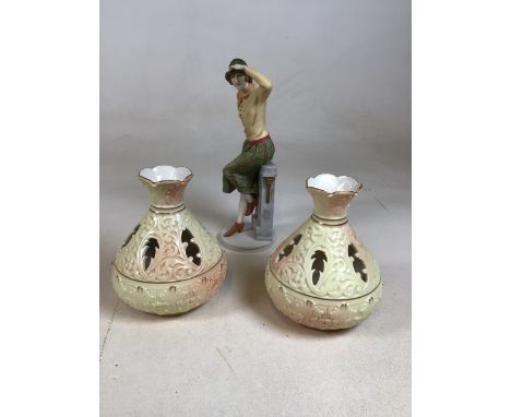 A pair of Locke and Co Worcester vases - one A/F Height: 15cm also with a Royal Doulton figure - Lucinda H:15cm