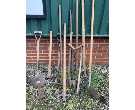 A collection of vintage garden tools. 