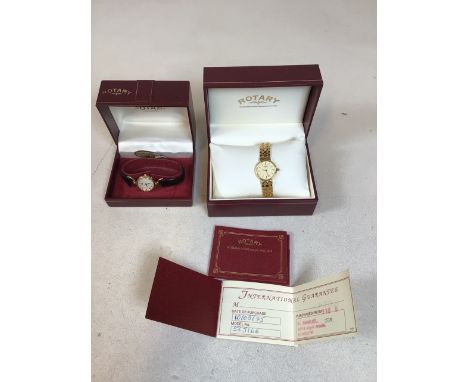 A ladies gold plated Rotary watch on metal bracket model 535166 in original box, also with another. Both untested 