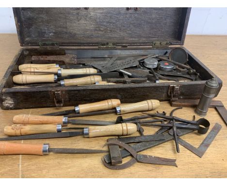 Vintage box of clockmaking tools and others, some with files re handled. 