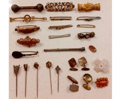 A group of late 19th to mid 20th Century bar brooches to include 2 Victorian gold tone 'Nanny' brooches having curved rectang