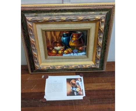 Vano - still life of a cooking pot, a jug, a jar, and fruit, oil on canvas, signed, 16cm x 22cm, framedLocation: A4FIf there 