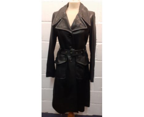Aquascutum- A black Italian leather coat in the 1970's style, UK10, with black branded satin lining, matching belt, no signs 