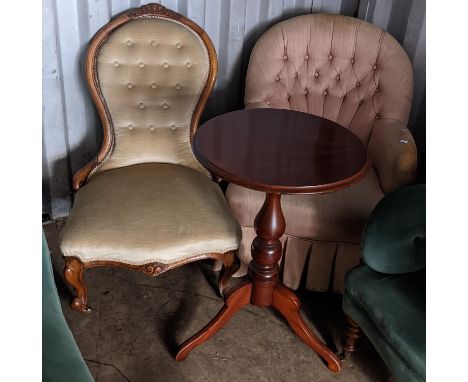 A Victorian walnut spoon back nursing chair together with an armchair and a tripod tableLocation:If there is no condition rep