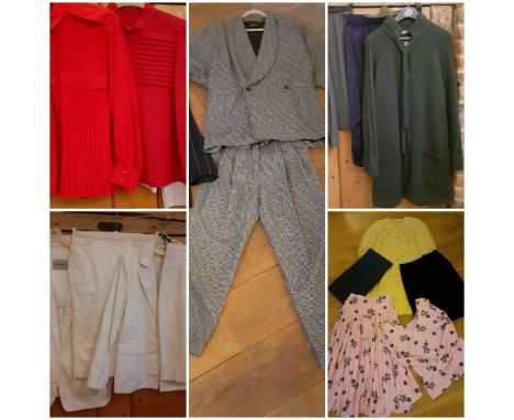 Mixed 1970's and later ladies clothing to include a 1980's Lutz Teutloff navy pinstripe skirt suit, European size 40, a 1980'