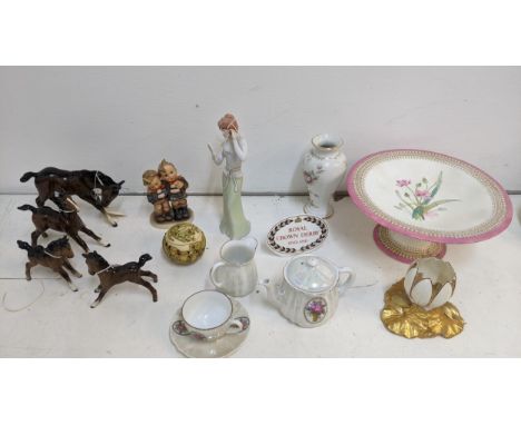 Collectable ceramics to include four Beswick horses, one A/F, a Goebel figure, a Royal Worcester cake stand and vase shaped a