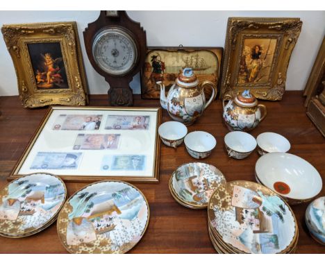 A Japanese porcelain eggshell tea set, an oak barometer, Only Fools and Horses banknotes, and prints Location: GIf there is n
