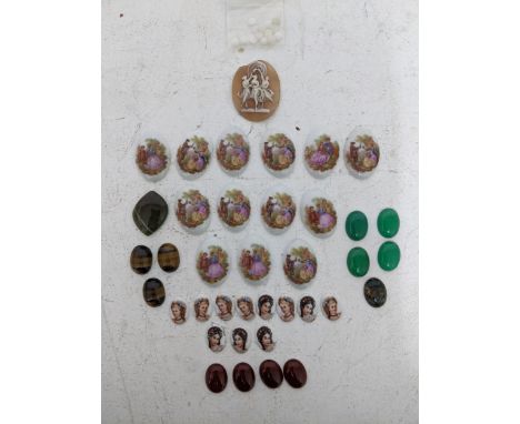 A selection of porcelain and stone jewellery plaques for mounting to include chrysoprase, chalcedony, tiger eye, agate m moss