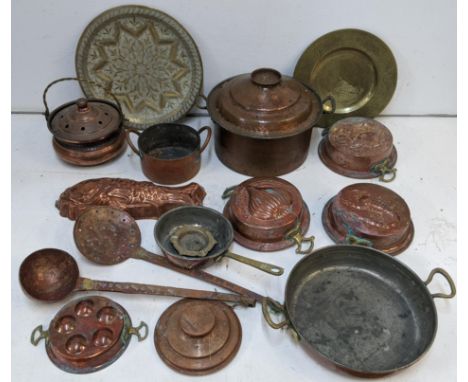 Metalware to include some copper jelly moulds, cooking pots and pans and decorative brass plates and other itemsLocationIf th