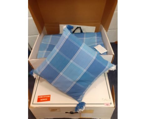 Laura Ashley-A pair of large blue 'Mandalay Check Deep Chambray' curtains, lined and interlined, approx 320cm wide x 230cm dr