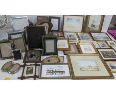 A mixed lot of small paintings, tapestries, embroideries, pictures and phot frames to include an early 20th century water col